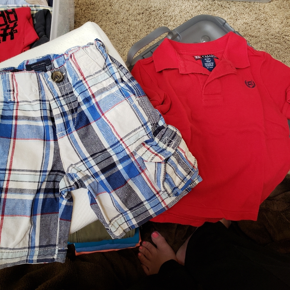 2T 2pc summer patriotic outfit with red polo and red and blue plaid shorts